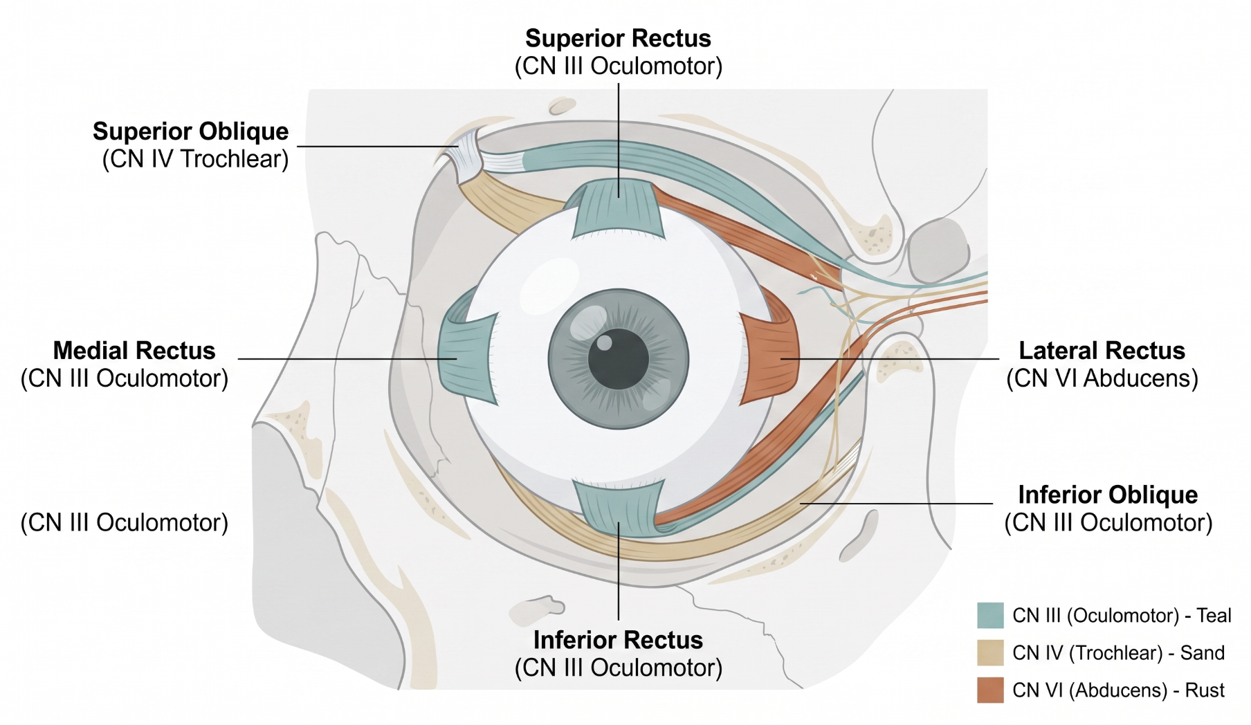 Front view of the globe showing the six extraocular muscles and their innervating cranial nerves: superior, inferior, medial, and lateral rectus, and superior and inferior oblique, colored by CN III (oculomotor), CN IV (trochlear), and CN VI (abducens)