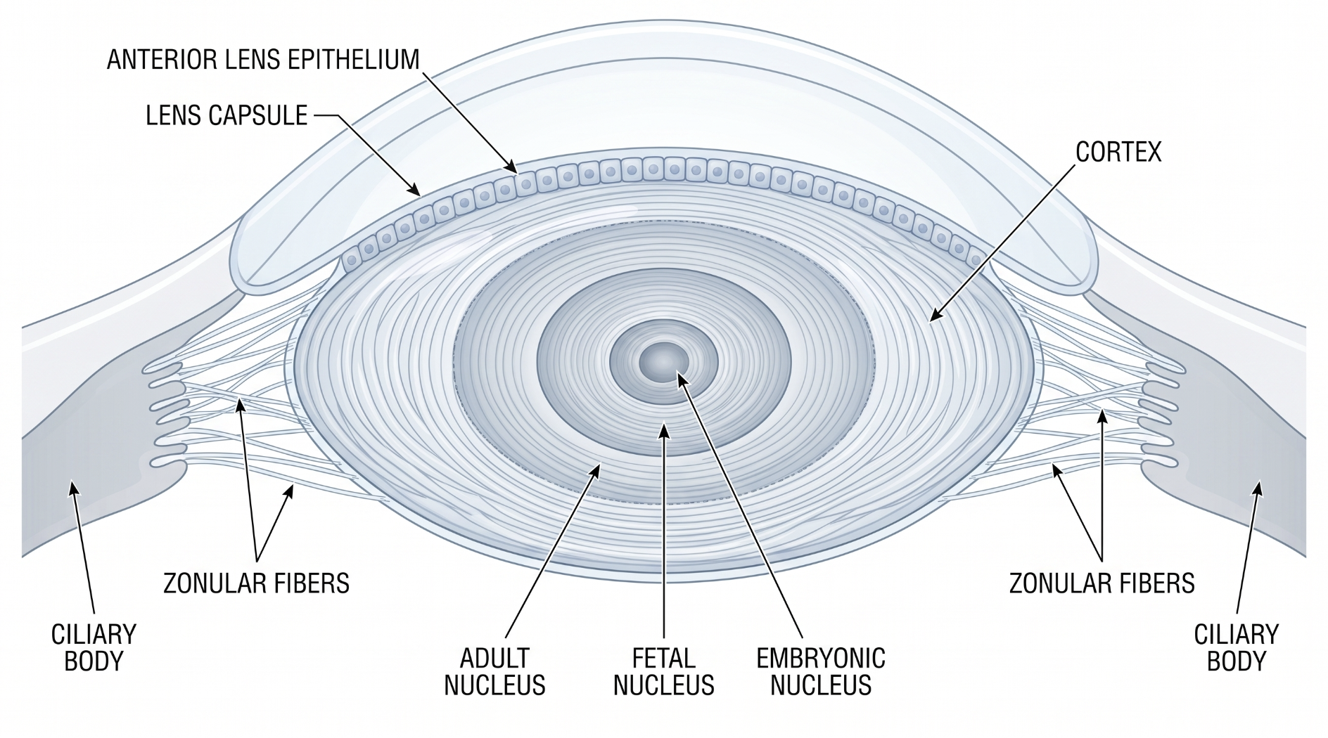 Cross-section of the crystalline lens showing the capsule, anterior-only epithelium, cortex, and nested nucleus zones, with zonular fibers anchoring the lens to the ciliary body