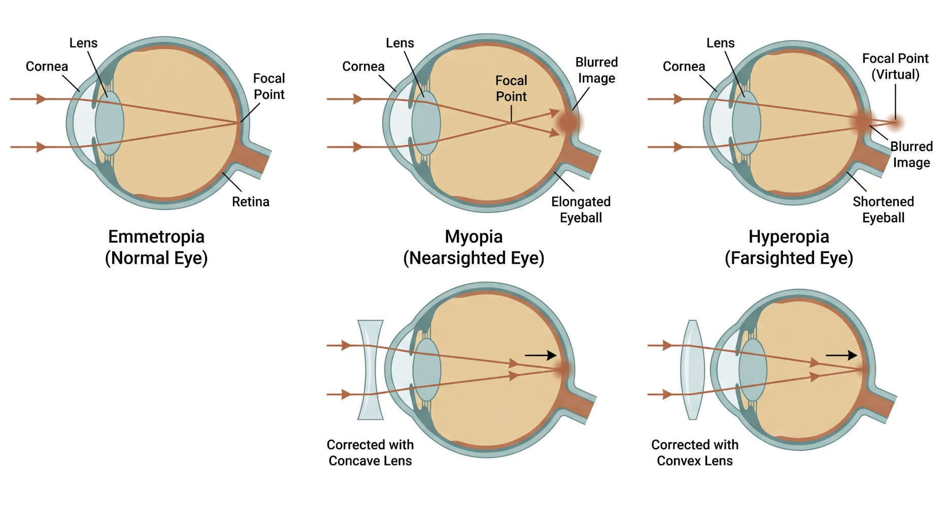 Comparison of emmetropia, myopia, and hyperopia showing where incoming light rays converge relative to the retina depending on the match between refractive power and axial length